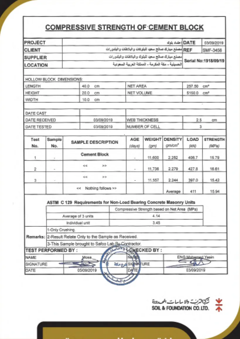 مقاومة ضغط — بلوك أسمنتي 40×20×20 — SOIL & FOUNDATION · 03/09/2019