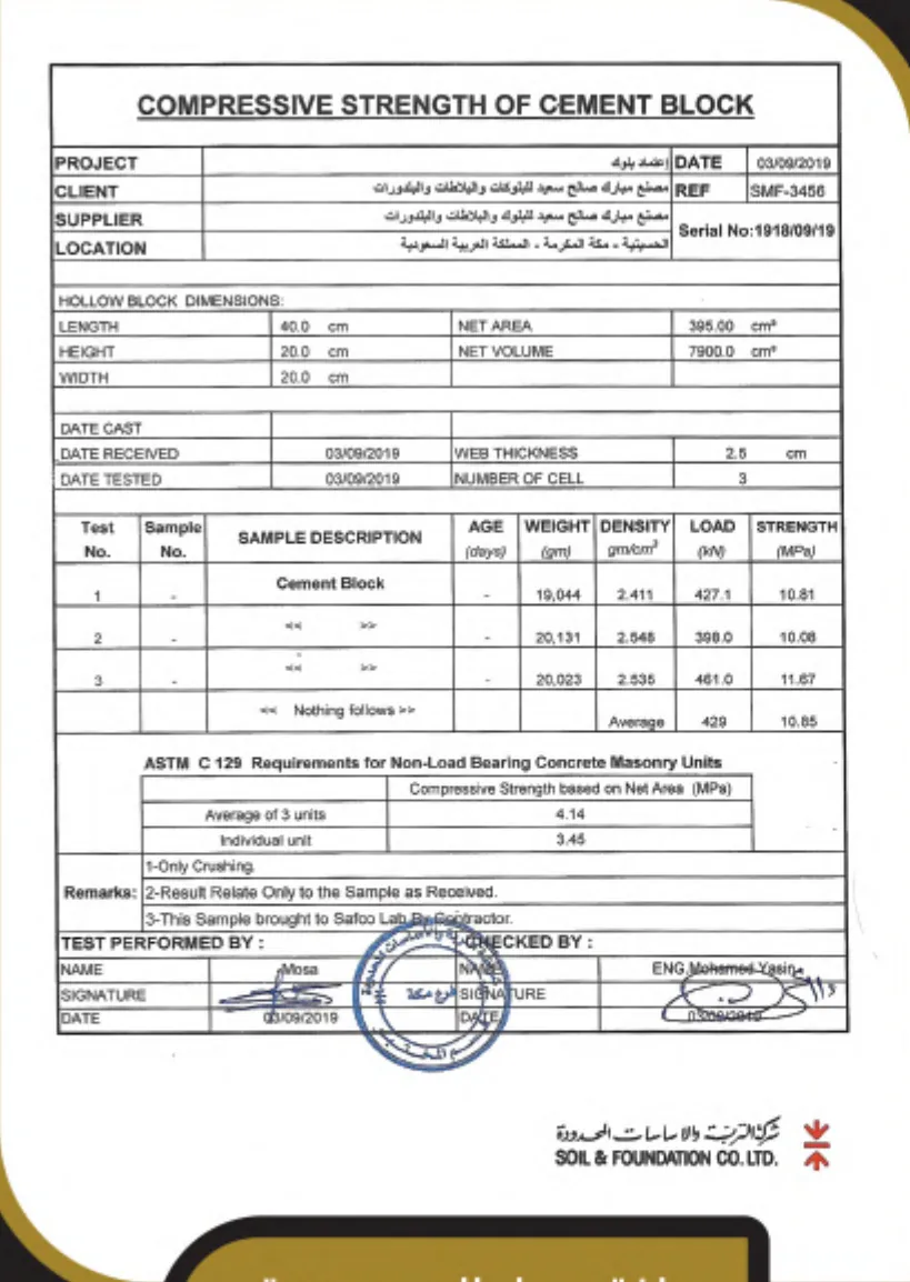 مقاومة ضغط — بلوك أسمنتي 40×20×10 — SOIL & FOUNDATION · 03/09/2019