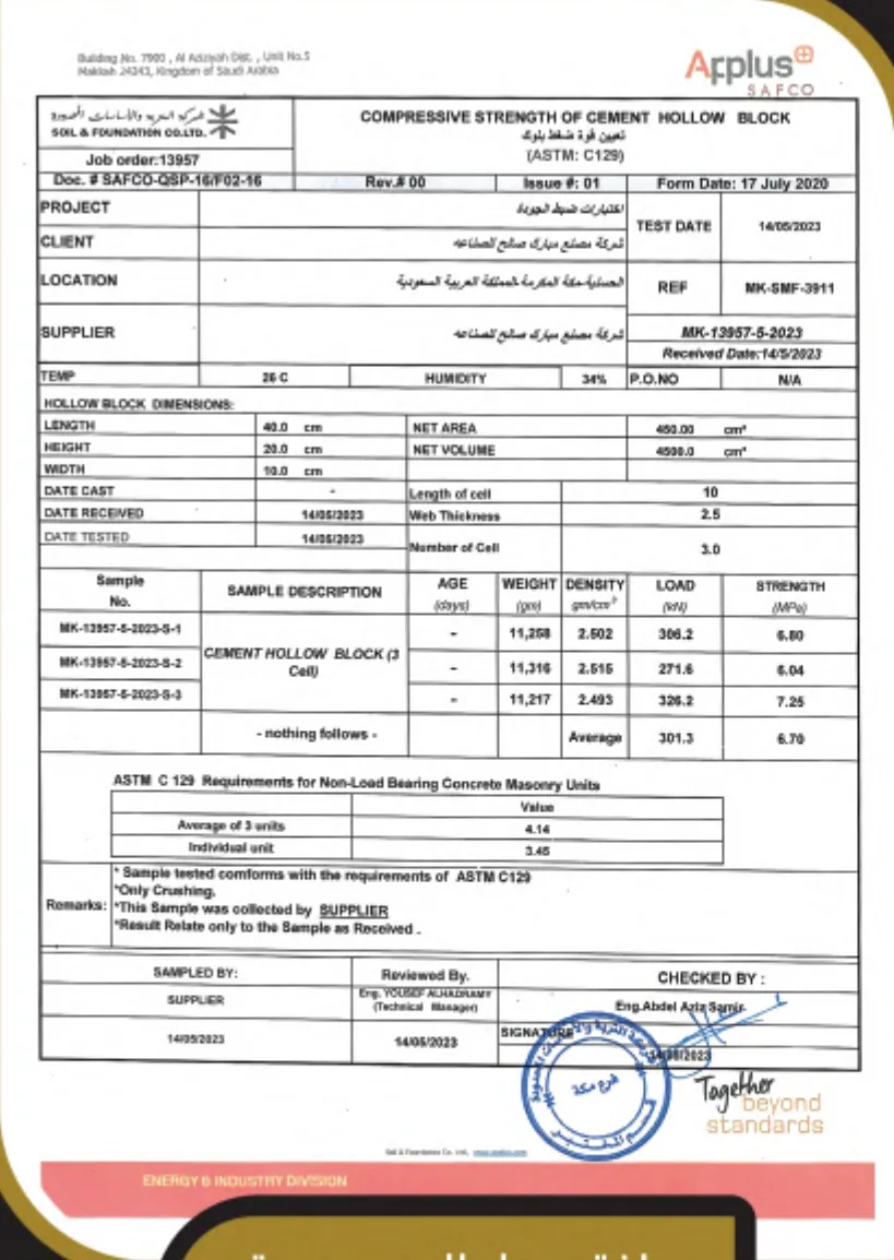 مقاومة ضغط — بلوك مجوف 3 فتحات 40×20×20 — Applus/SAFCO · 14/09/2023