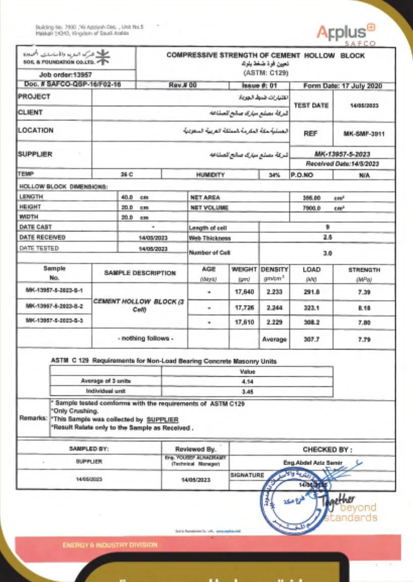 مقاومة ضغط — بلوك مجوف 3 فتحات 40×20×15 — Applus/SAFCO · 14/09/2023